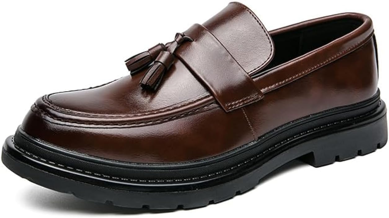 Men’s Leather Tassel Platform Slip on Loafers Luxury Round Toe Lug Sole Non-Slip Dress Shoes Casual Low Block Heel Business Work Office Shoes